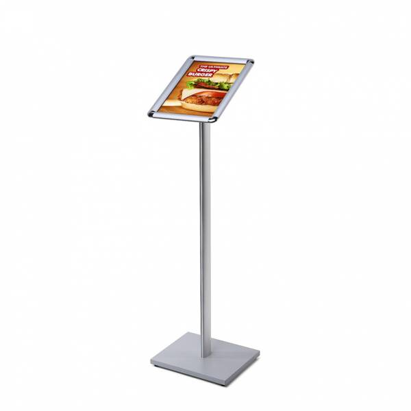 A4 Menu Display Stand - 25mm snap frame Silver laminate MFC base