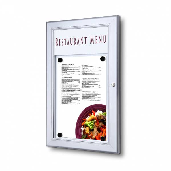 Menu Display Case with Logo panel Indoor Outdoor Silver anodised finish